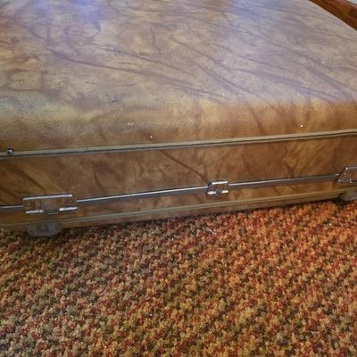 Mid-Century Modern Sculpted Walnut Butler Suit Valet Bench Seat with a set of American Tourister Escort hard shell suitcases