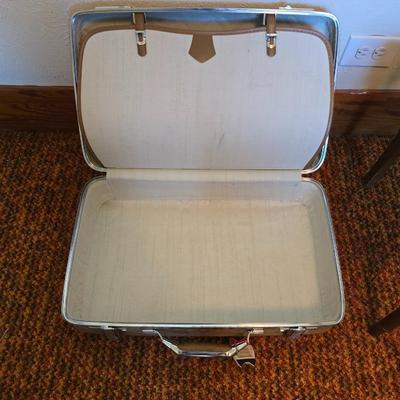 Mid-Century Modern Sculpted Walnut Butler Suit Valet Bench Seat with a set of American Tourister Escort hard shell suitcases