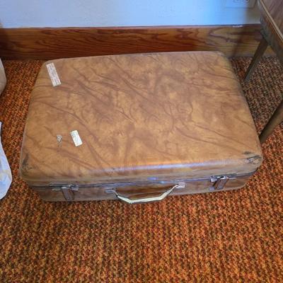 Mid-Century Modern Sculpted Walnut Butler Suit Valet Bench Seat with a set of American Tourister Escort hard shell suitcases