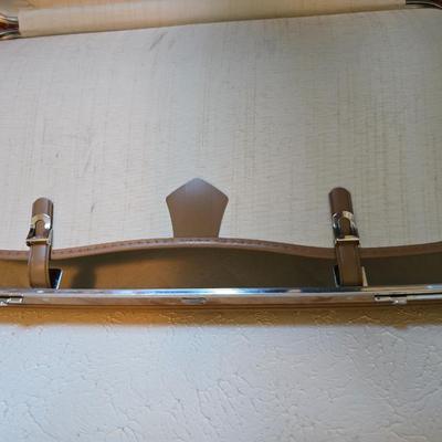 Mid-Century Modern Sculpted Walnut Butler Suit Valet Bench Seat with a set of American Tourister Escort hard shell suitcases