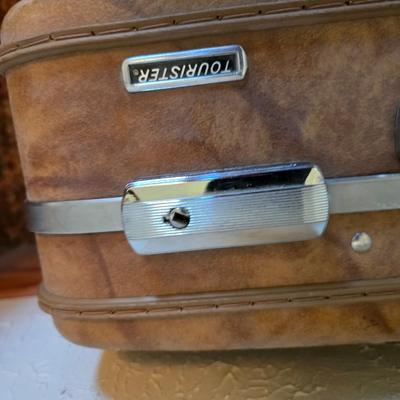 Mid-Century Modern Sculpted Walnut Butler Suit Valet Bench Seat with a set of American Tourister Escort hard shell suitcases