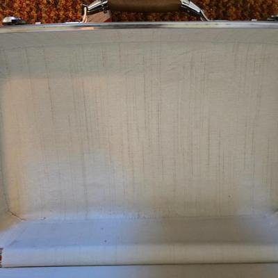 Mid-Century Modern Sculpted Walnut Butler Suit Valet Bench Seat with a set of American Tourister Escort hard shell suitcases