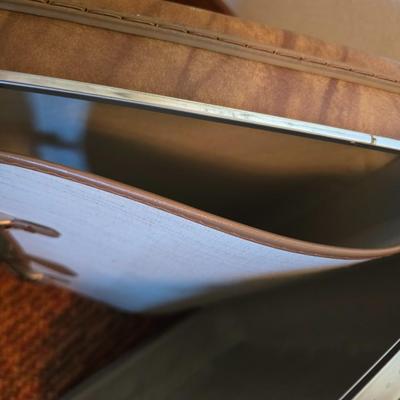 Mid-Century Modern Sculpted Walnut Butler Suit Valet Bench Seat with a set of American Tourister Escort hard shell suitcases