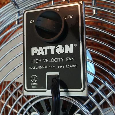 Two fans - Patton chrome free standing and smaller Kaz Inc. DT-70 Series tabletop fan