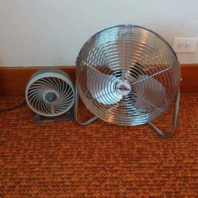 Two fans - Patton chrome free standing and smaller Kaz Inc. DT-70 Series tabletop fan