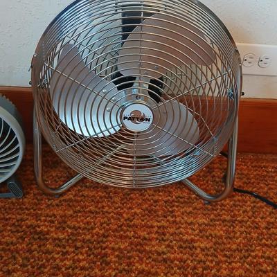 Two fans - Patton chrome free standing and smaller Kaz Inc. DT-70 Series tabletop fan