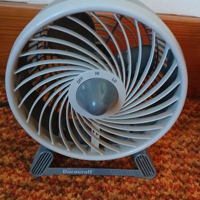 Two fans - Patton chrome free standing and smaller Kaz Inc. DT-70 Series tabletop fan