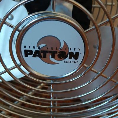 Two fans - Patton chrome free standing and smaller Kaz Inc. DT-70 Series tabletop fan