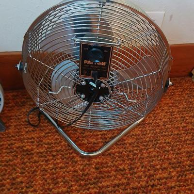 Two fans - Patton chrome free standing and smaller Kaz Inc. DT-70 Series tabletop fan