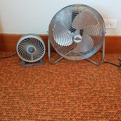 Two fans - Patton chrome free standing and smaller Kaz Inc. DT-70 Series tabletop fan
