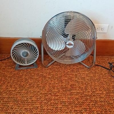 Two fans - Patton chrome free standing and smaller Kaz Inc. DT-70 Series tabletop fan
