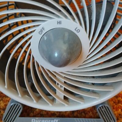 Two fans - Patton chrome free standing and smaller Kaz Inc. DT-70 Series tabletop fan
