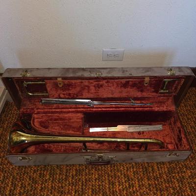 Vintage Martin Imperial trombone, manufactured in Elkhart, Indiana, USA. manufactured in 1960 with Olds 10 mouthpiece with music stand