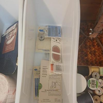 Vintage fabric scraps & sewing items - thread - needles - patches - Hem facing -tools of the trade and more