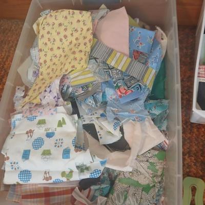 Vintage fabric scraps & sewing items - thread - needles - patches - Hem facing -tools of the trade and more