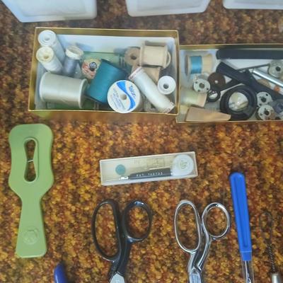 Vintage fabric scraps & sewing items - thread - needles - patches - Hem facing -tools of the trade and more
