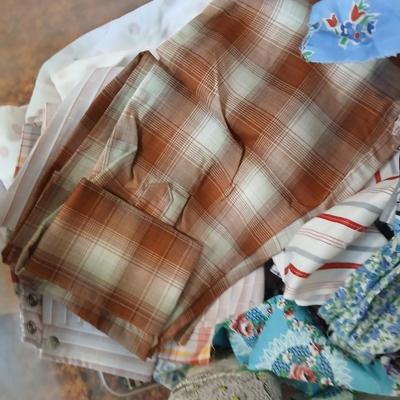 Vintage fabric scraps & sewing items - thread - needles - patches - Hem facing -tools of the trade and more