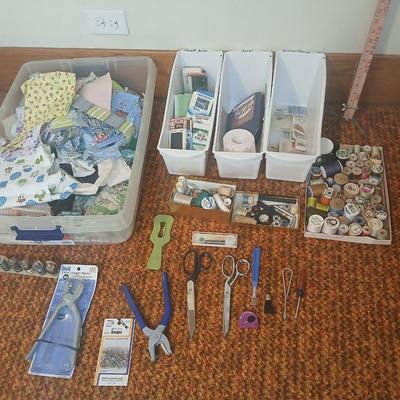 Vintage fabric scraps & sewing items - thread - needles - patches - Hem facing -tools of the trade and more