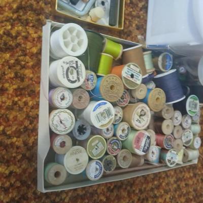 Vintage fabric scraps & sewing items - thread - needles - patches - Hem facing -tools of the trade and more