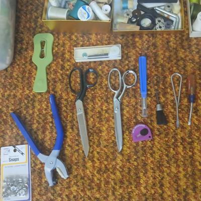 Vintage fabric scraps & sewing items - thread - needles - patches - Hem facing -tools of the trade and more