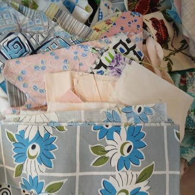 Vintage fabric scraps & sewing items - thread - needles - patches - Hem facing -tools of the trade and more