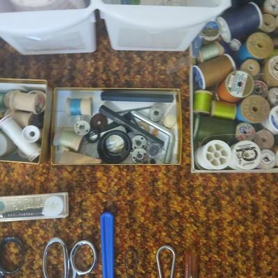 Vintage fabric scraps & sewing items - thread - needles - patches - Hem facing -tools of the trade and more
