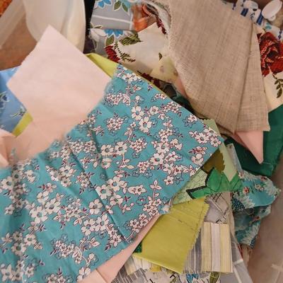 Vintage fabric scraps & sewing items - thread - needles - patches - Hem facing -tools of the trade and more