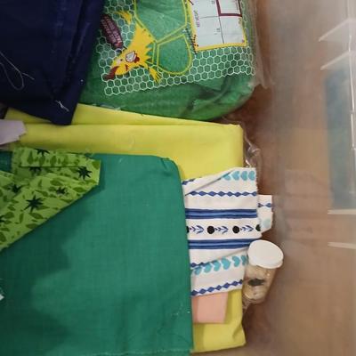 Vintage fabric scraps & sewing items - thread - needles - patches - Hem facing -tools of the trade and more