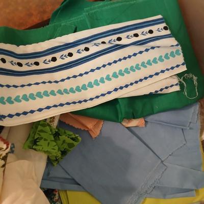 Vintage fabric scraps & sewing items - thread - needles - patches - Hem facing -tools of the trade and more