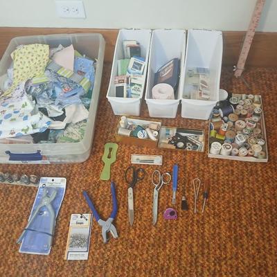 Vintage fabric scraps & sewing items - thread - needles - patches - Hem facing -tools of the trade and more