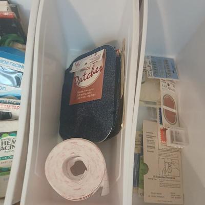 Vintage fabric scraps & sewing items - thread - needles - patches - Hem facing -tools of the trade and more