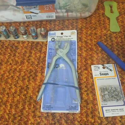 Vintage fabric scraps & sewing items - thread - needles - patches - Hem facing -tools of the trade and more