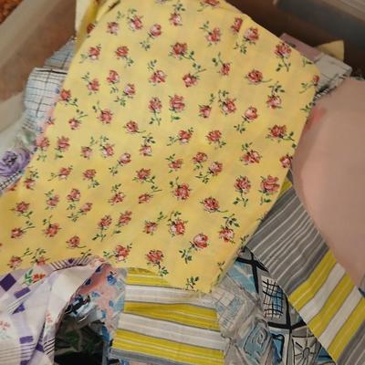 Vintage fabric scraps & sewing items - thread - needles - patches - Hem facing -tools of the trade and more