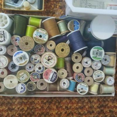 Vintage fabric scraps & sewing items - thread - needles - patches - Hem facing -tools of the trade and more