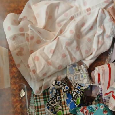 Vintage fabric scraps & sewing items - thread - needles - patches - Hem facing -tools of the trade and more