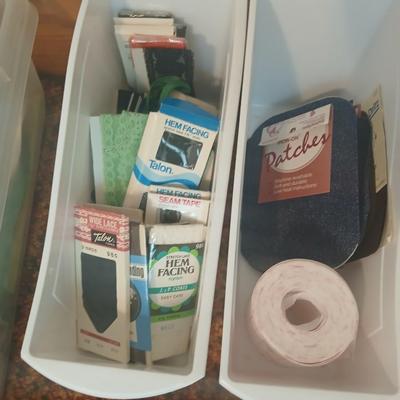Vintage fabric scraps & sewing items - thread - needles - patches - Hem facing -tools of the trade and more