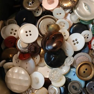 Vintage & newer Button collection in tin can - Needles- some and more
