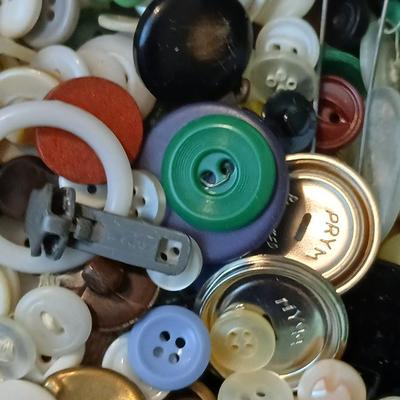 Vintage & newer Button collection in tin can - Needles- some and more
