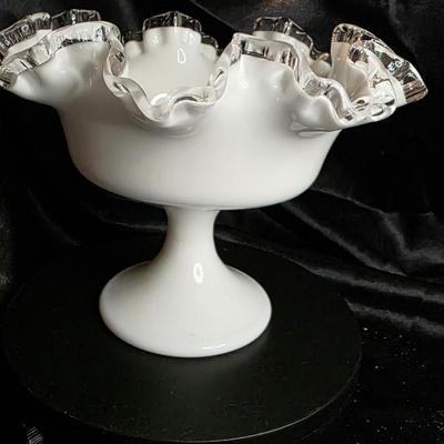 Vintage Milk Glass Ruffled Compote Bowl - Crimped Rim Pedestal Design