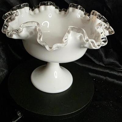 Vintage Milk Glass Ruffled Compote Bowl - Crimped Rim Pedestal Design