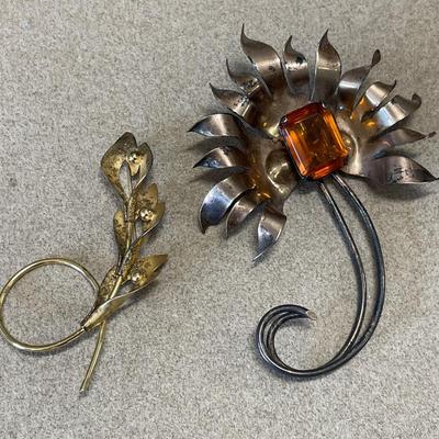 Beau Sterling brooch and orange stone brooch