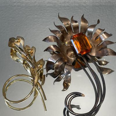 Beau Sterling brooch and orange stone brooch