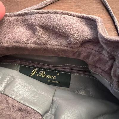 Sale Photo Thumbnail #148: Elegant vintage J. Renée by Renaic gray suede evening bag, featuring a soft gathered/pleated top and matching suede strap. The interior is lined in smooth gray satin with a zippered pocket and the original J. Renée label intact. Compact and stylish—pe