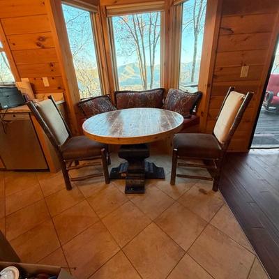 Sale Photo Thumbnail #297: 42" Round Rustic Farmhouse Table with Two Hickory Farm Chairs  30" Tall.  Table by Casa Rustica
