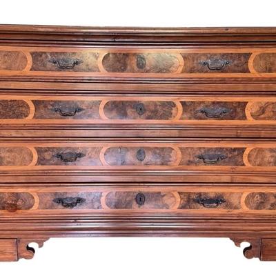 Sale Photo Thumbnail #7: Early 19th Century Italian Walnut Inlaid Oversized Chest of Drawers
64" x 27"x 43.5"
In great antique condition. Some wood "splitting" down each side and on top consistent with age not "damage".