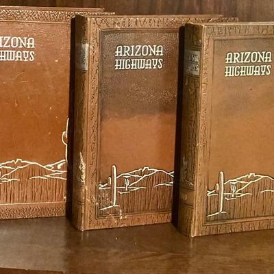 Sale Photo Thumbnail #190: Beautiful matching trio of vintage Arizona Highways hardbound annuals. These deluxe-bound editions feature the complete year’s issues bound in textured Western-style covers with embossed desert landscape designs. Includes:

1969 Arizona Highways

1975 A