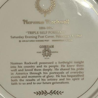 Sale Photo Thumbnail #193: Beautiful limited-edition Norman Rockwell “Triple Self Portrait” fine china collector plate by Gorham, released in 1978. Features Rockwell’s iconic 1960 Saturday Evening Post cover artwork. Gold-rimmed, clear imagery, and in good vintage condition w