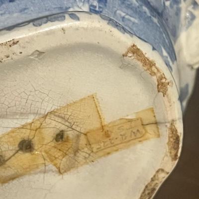 Sale Photo Thumbnail #196: Beautiful antique blue & white transferware ironstone jardinière featuring a scenic pastoral village landscape on all sides. The piece has ornate floral borders, raised side handles, and classic early English-style transfer design. The glaze shows unifor