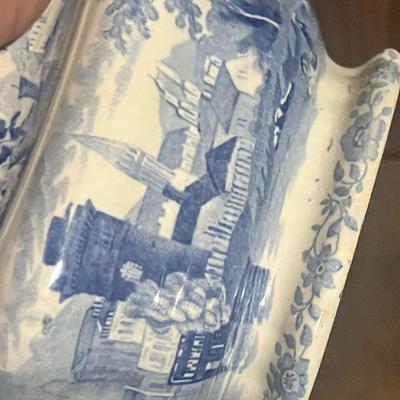 Sale Photo Thumbnail #195: Beautiful antique blue & white transferware ironstone jardinière featuring a scenic pastoral village landscape on all sides. The piece has ornate floral borders, raised side handles, and classic early English-style transfer design. The glaze shows unifor