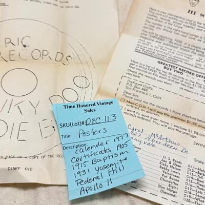 Sale Photo Thumbnail #217: Paperweights are NOT included in the lot. You are bidding on rolled 1977 Calendar, Movie poster, Yosemite vintage 1931 map, Navy poem. Vintage ephemera. Apollo 11 25th anniversary posters. A lot of the paper dates from 1900s, and as such as wear , it also